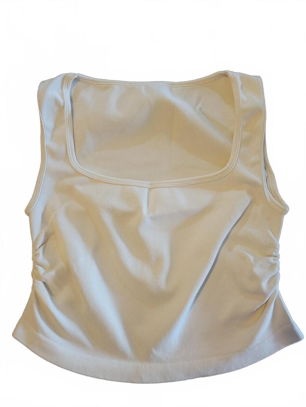 Women's Ribbed Square Neck Crop Tank Cream/White Ruched Side Y2K Size XL